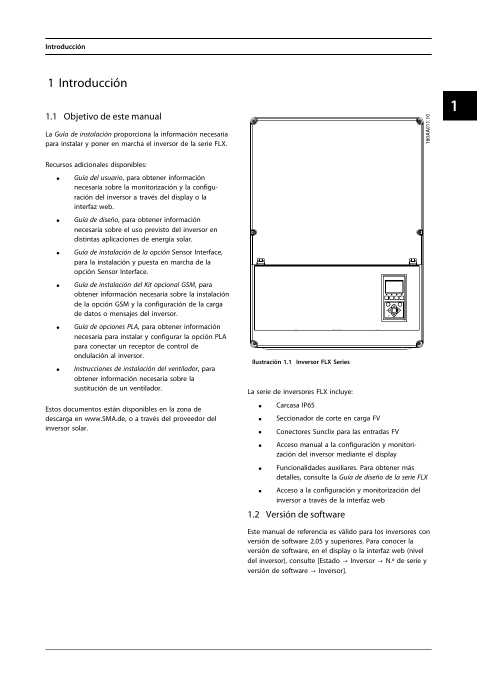 1 introducción, 1 objetivo de este manual, 2 versión de software | SMA FLX Series User Manual | Page 154 / 248