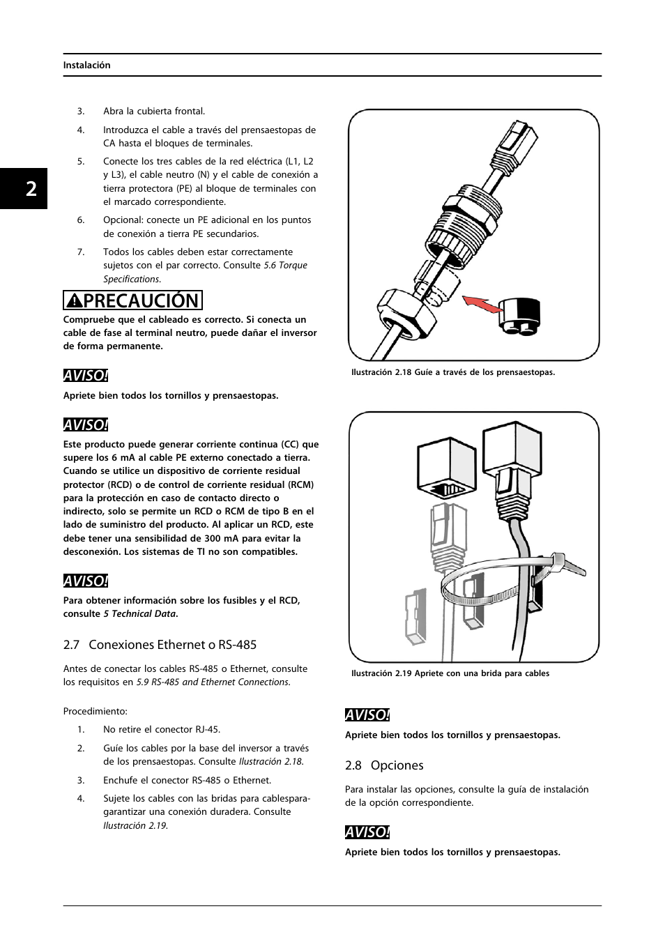 7 conexiones ethernet o rs-485, 8 opciones, Precaución | Aviso | SMA FLX Series User Manual | Page 163 / 248