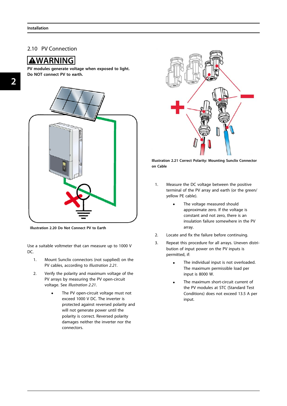 10 pv connection, Warning | SMA FLX Series User Manual | Page 17 / 248