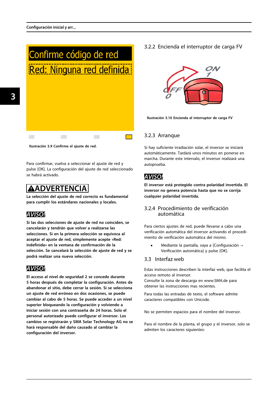 2 encienda el interruptor de carga fv, 3 arranque, 4 procedimiento de verificación automática | 3 interfaz web, Advertencia, Aviso | SMA FLX Series User Manual | Page 171 / 248