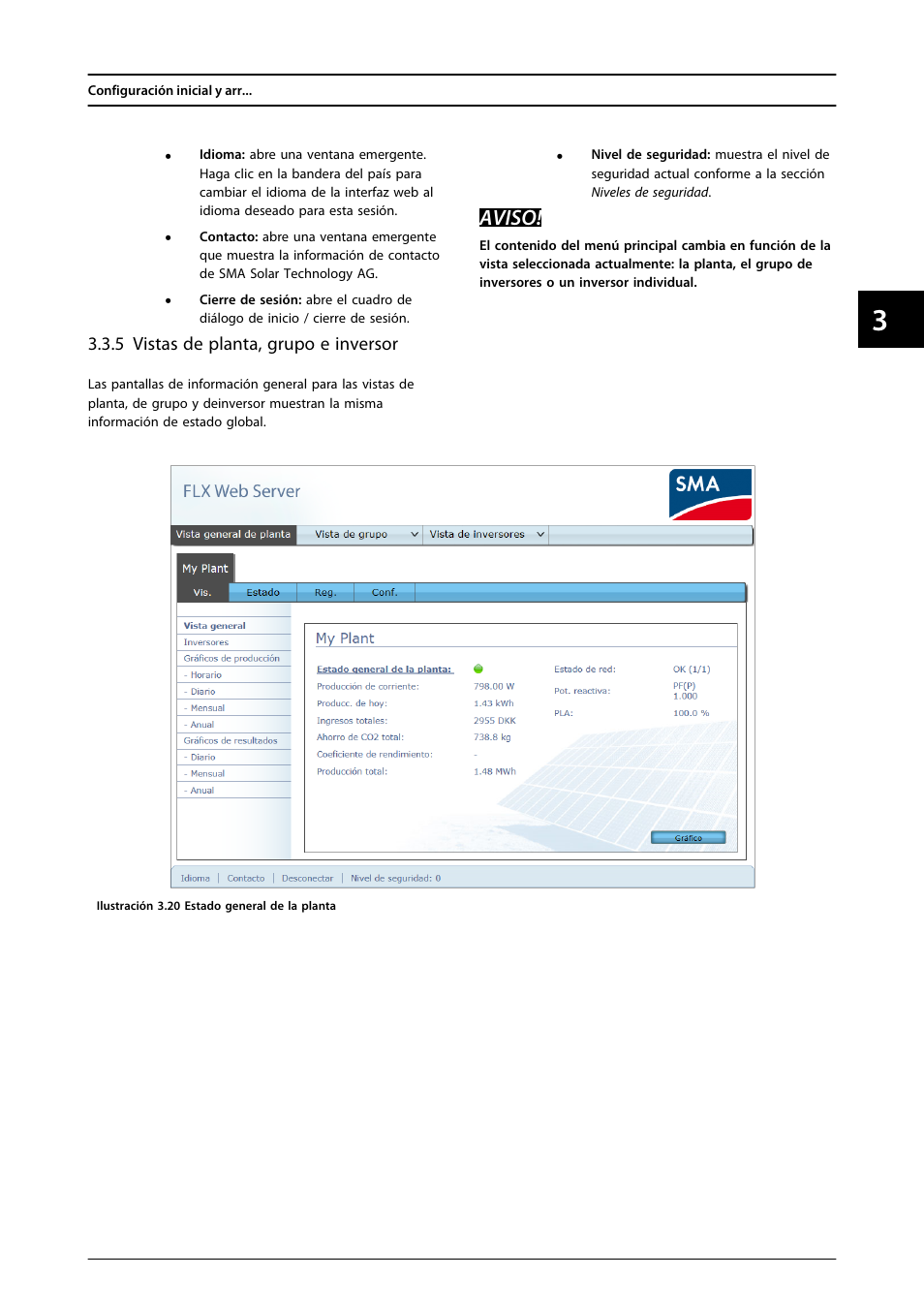 5 vistas de planta, grupo e inversor, Aviso | SMA FLX Series User Manual | Page 180 / 248