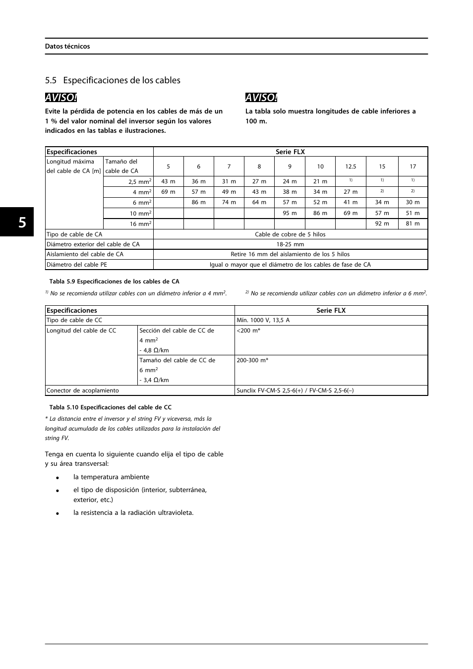 5 especificaciones de los cables, Aviso | SMA FLX Series User Manual | Page 193 / 248