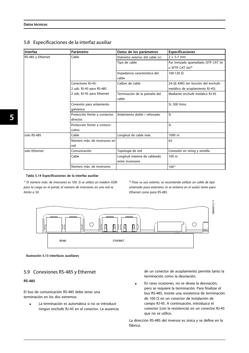 8 especificaciones de la interfaz auxiliar, 9 conexiones rs-485 y ethernet | SMA FLX Series User Manual | Page 197 / 248