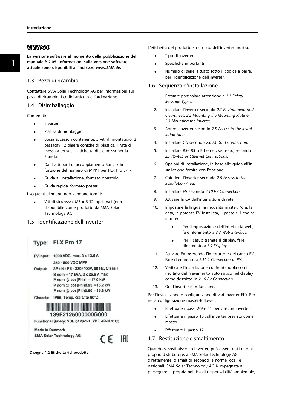 3 pezzi di ricambio, 4 disimballaggio, 5 identificazione dell'inverter | 6 sequenza d'installazione, 7 restituzione e smaltimento, Avviso | SMA FLX Series User Manual | Page 205 / 248