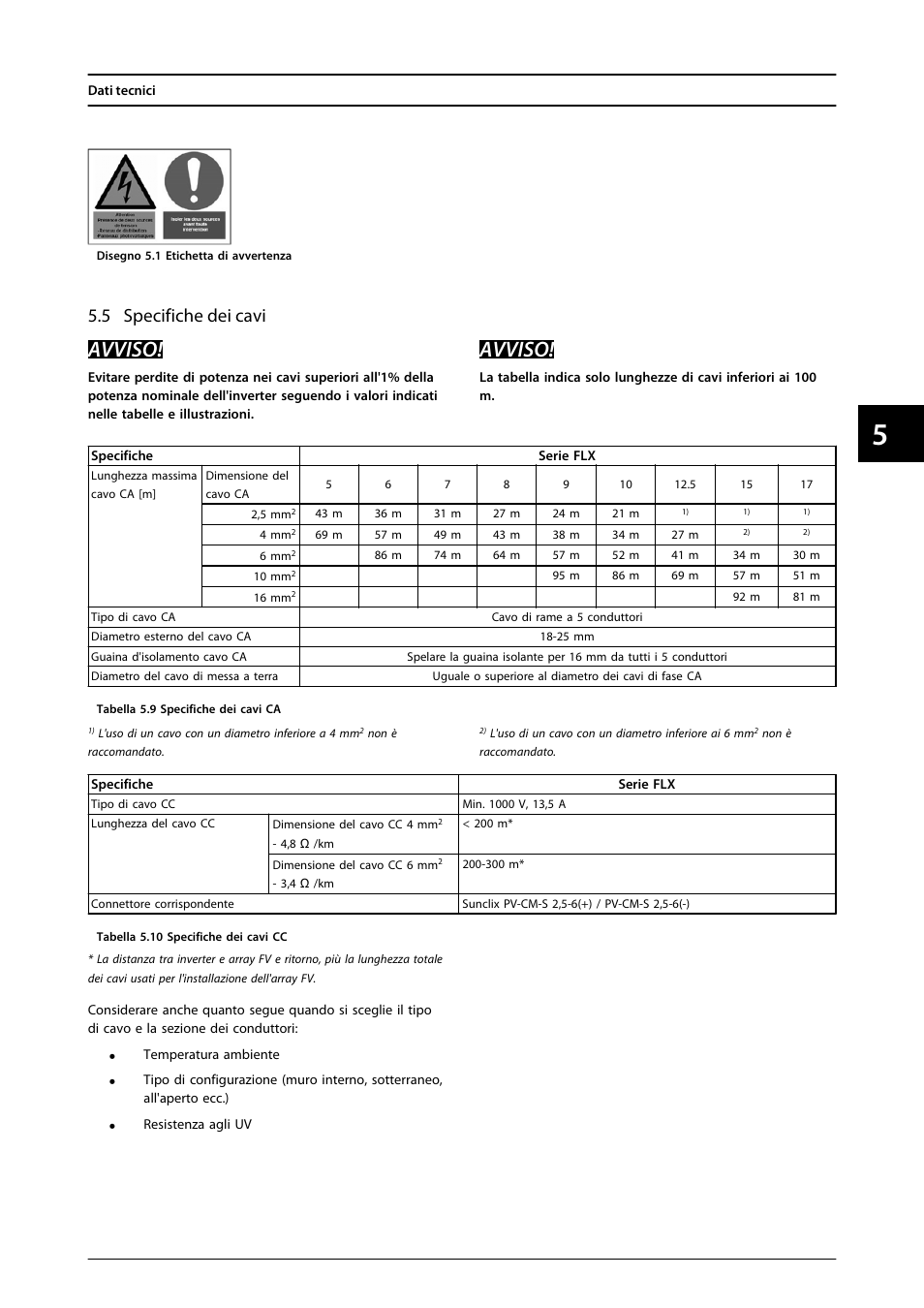 5 specifiche dei cavi, Avviso | SMA FLX Series User Manual | Page 242 / 248