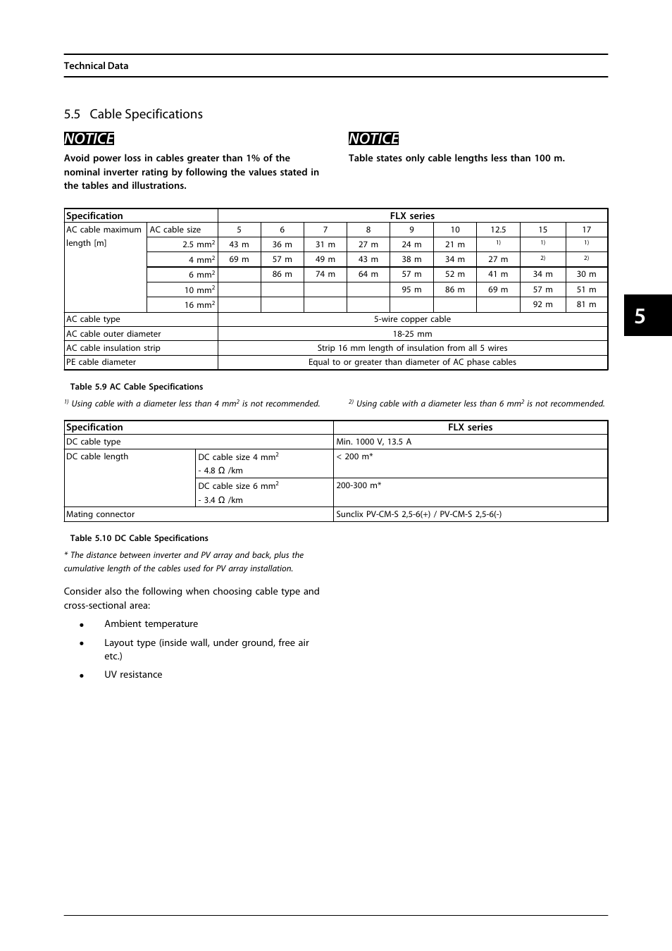 5 cable specifications, Notice | SMA FLX Series User Manual | Page 44 / 248