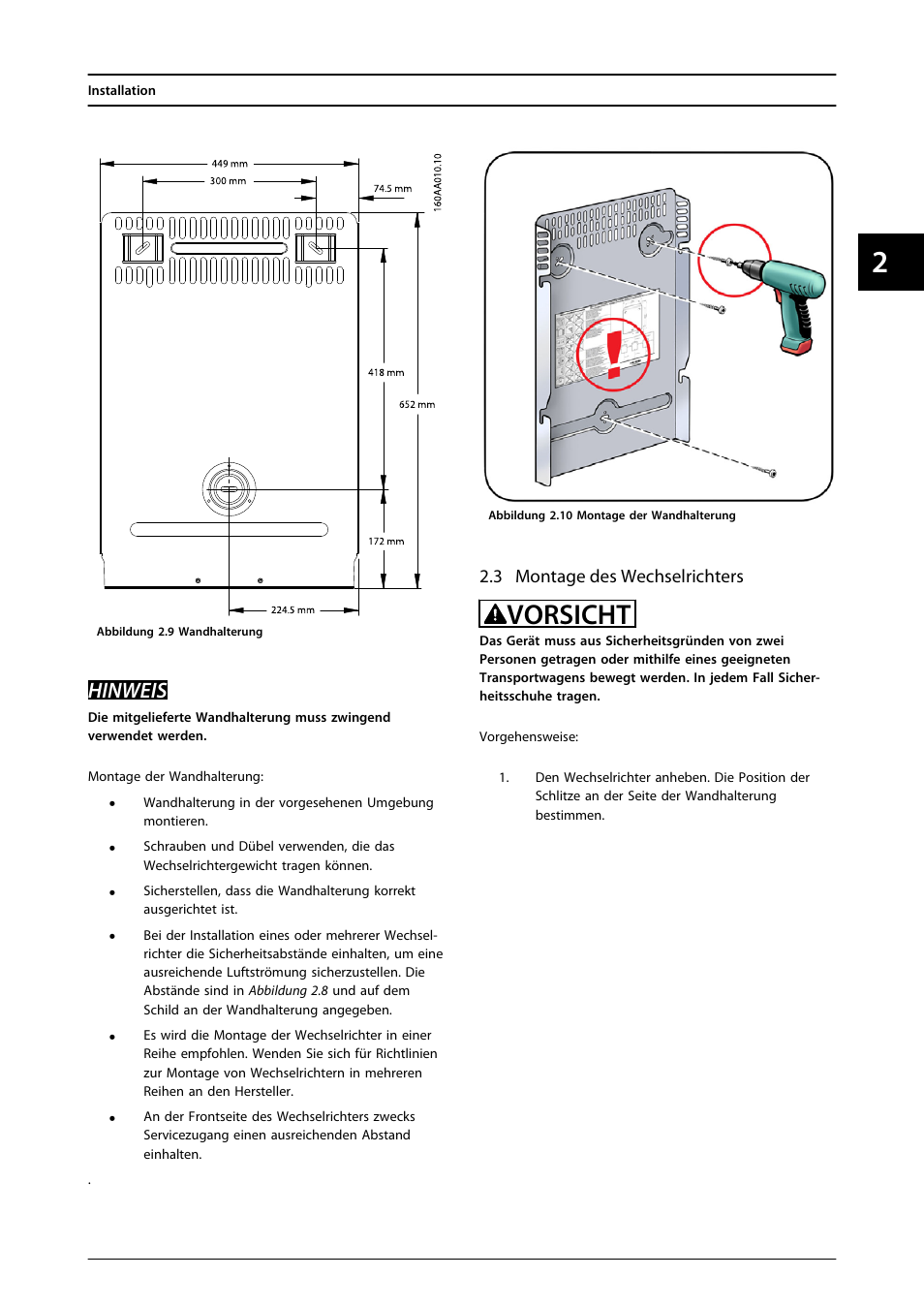 3 montage des wechselrichters, Vorsicht, Hinweis | SMA FLX Series User Manual | Page 60 / 248