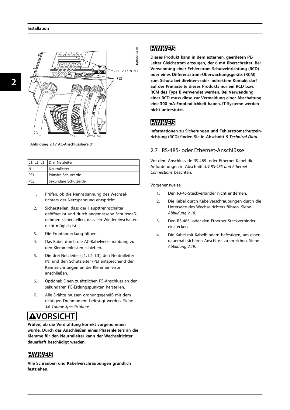 7 rs-485- oder ethernet-anschlüsse, Vorsicht, Hinweis | SMA FLX Series User Manual | Page 63 / 248
