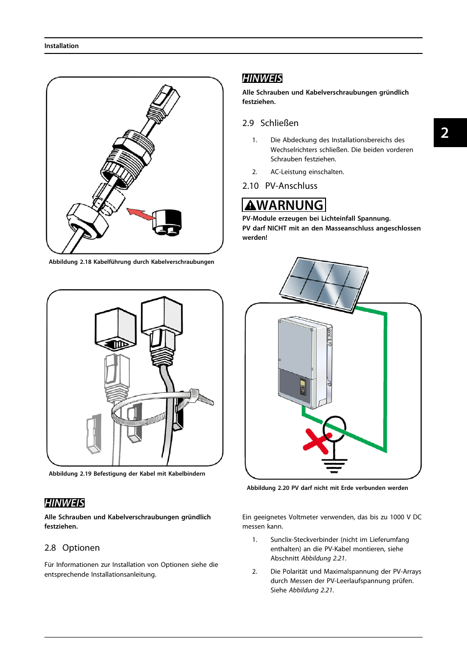 8 optionen, 9 schließen, 10 pv-anschluss | Warnung, Hinweis | SMA FLX Series User Manual | Page 64 / 248