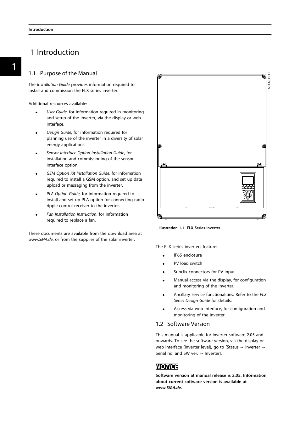 1 introduction, 1 purpose of the manual, 2 software version | Notice | SMA FLX Series User Manual | Page 7 / 248