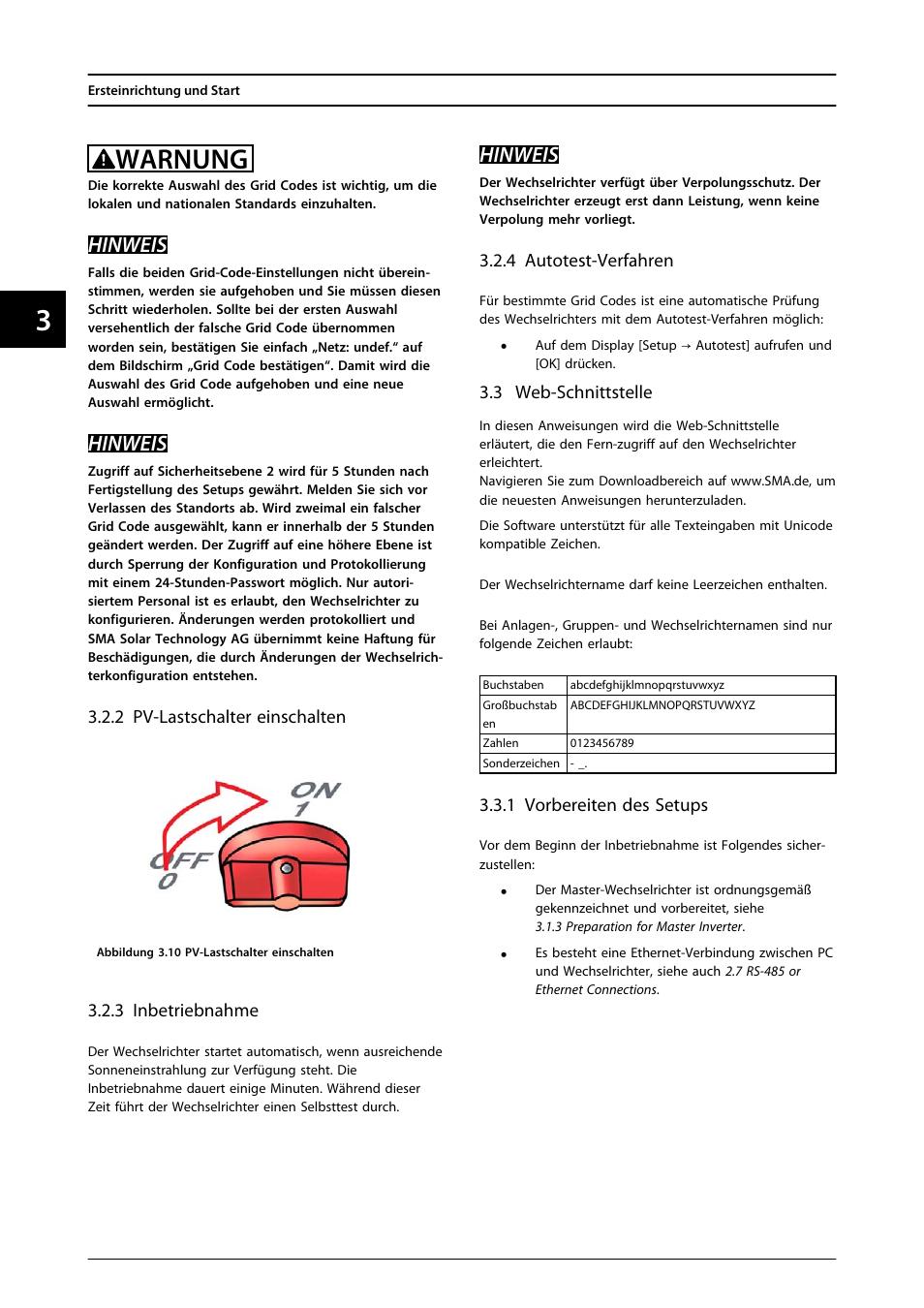 2 pv-lastschalter einschalten, 3 inbetriebnahme, 4 autotest-verfahren | 3 web-schnittstelle, 1 vorbereiten des setups, Warnung, Hinweis | SMA FLX Series User Manual | Page 73 / 248