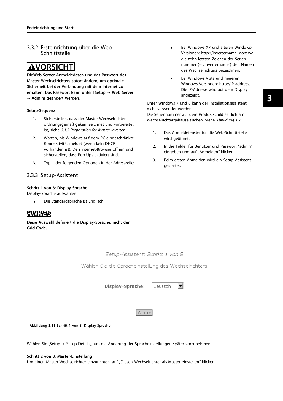 3 setup-assistent, Vorsicht, Hinweis | SMA FLX Series User Manual | Page 74 / 248