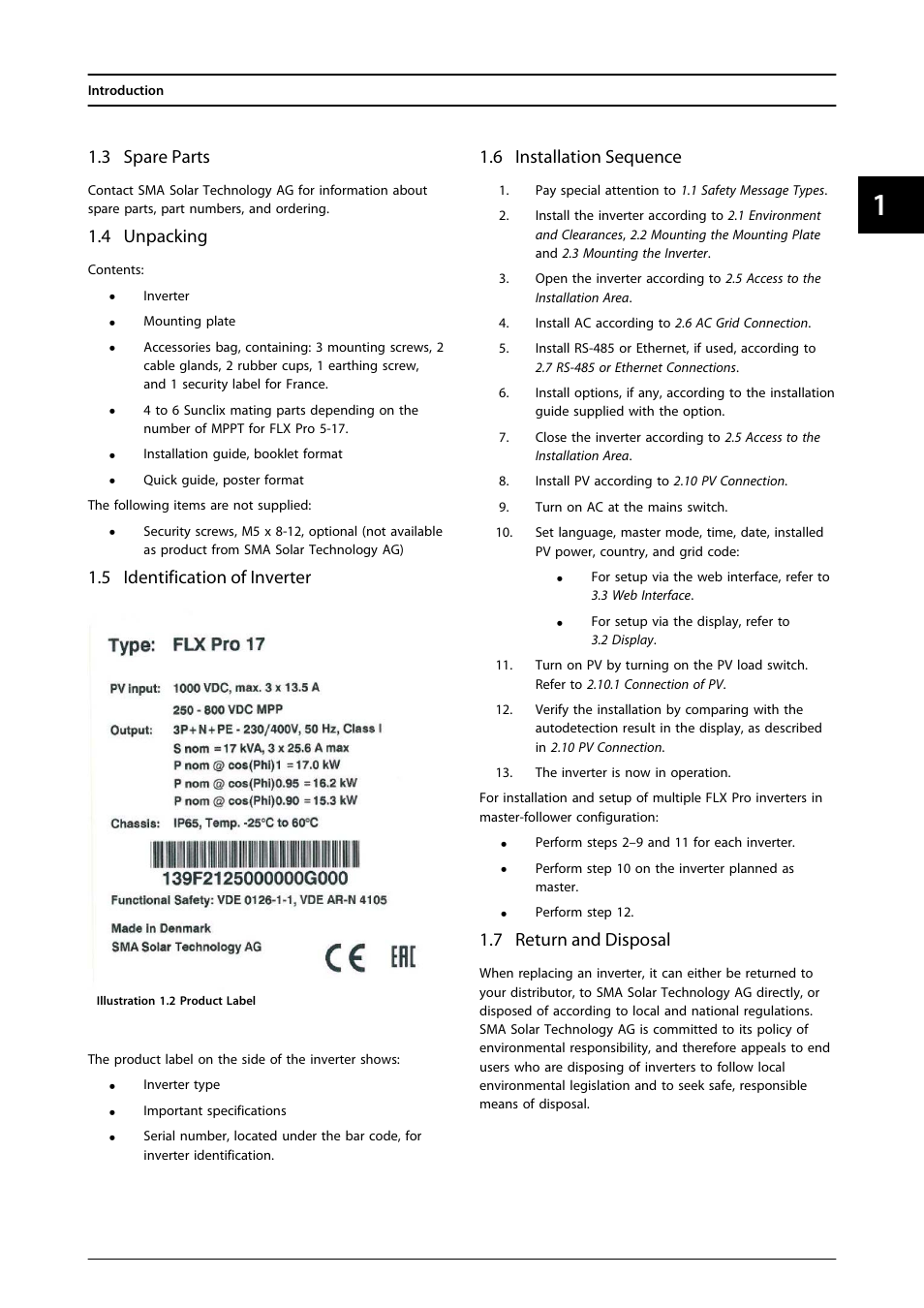 3 spare parts, 4 unpacking, 5 identification of inverter | 6 installation sequence, 7 return and disposal | SMA FLX Series User Manual | Page 8 / 248