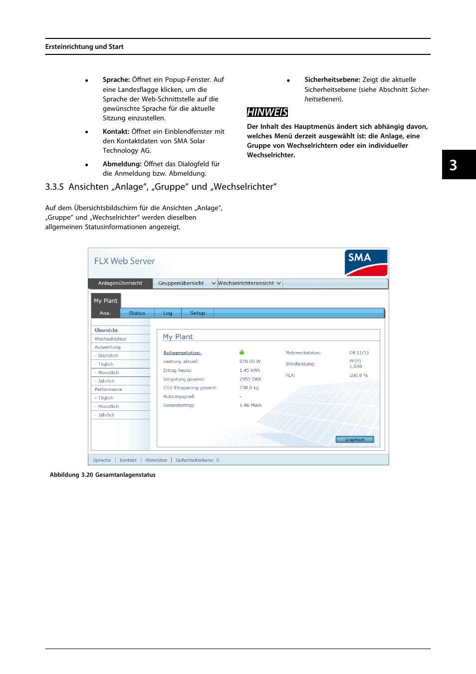 5 ansichten „anlage“, „gruppe“ und „wechselrichter, Hinweis | SMA FLX Series User Manual | Page 82 / 248