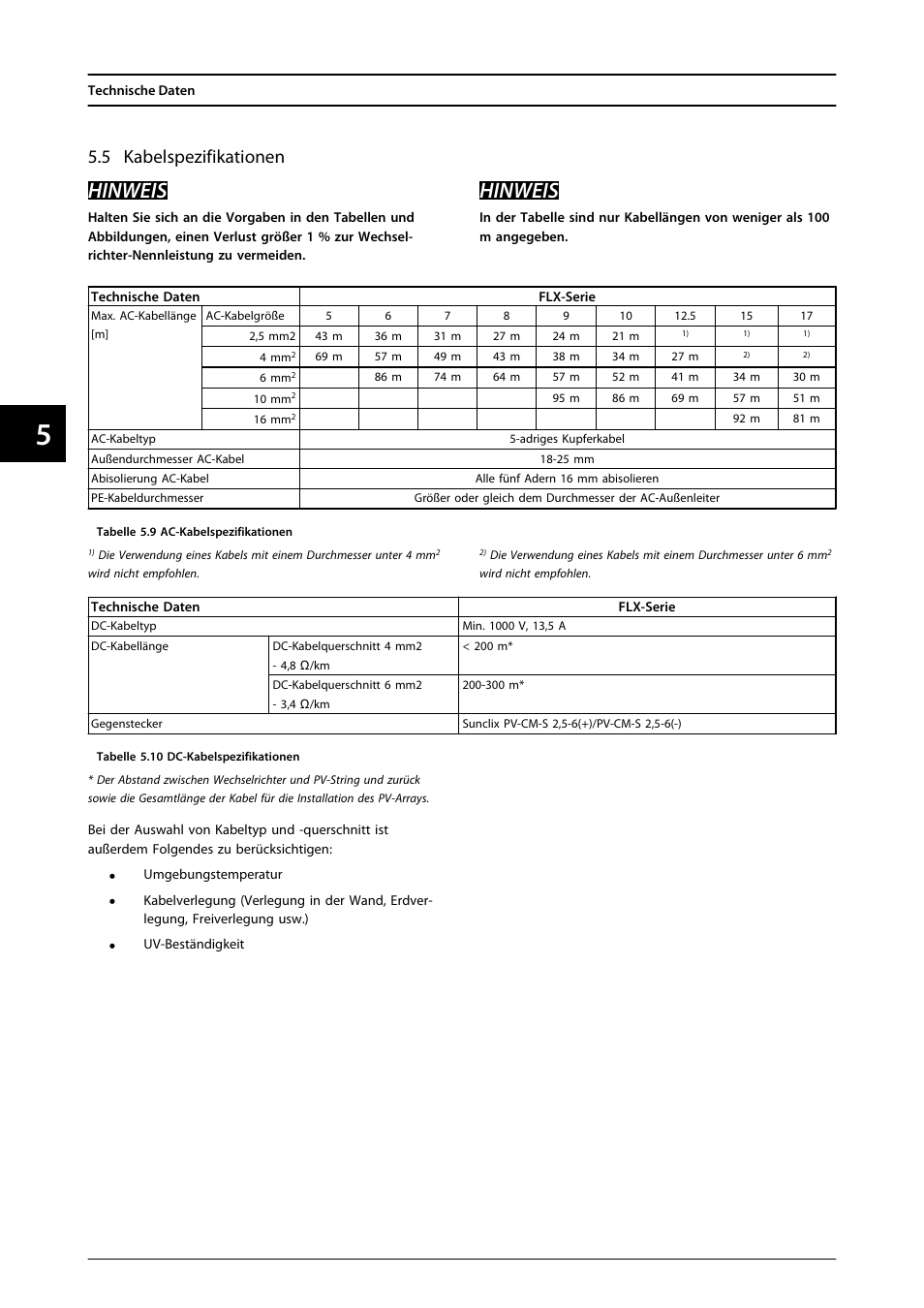 5 kabelspezifikationen, Hinweis | SMA FLX Series User Manual | Page 95 / 248