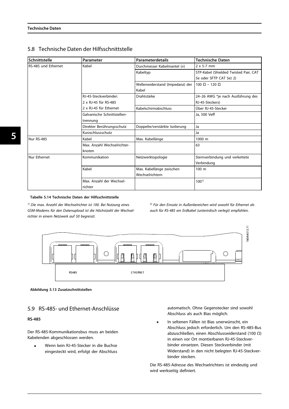 8 technische daten der hilfsschnittstelle, 9 rs-485- und ethernet-anschlüsse | SMA FLX Series User Manual | Page 99 / 248