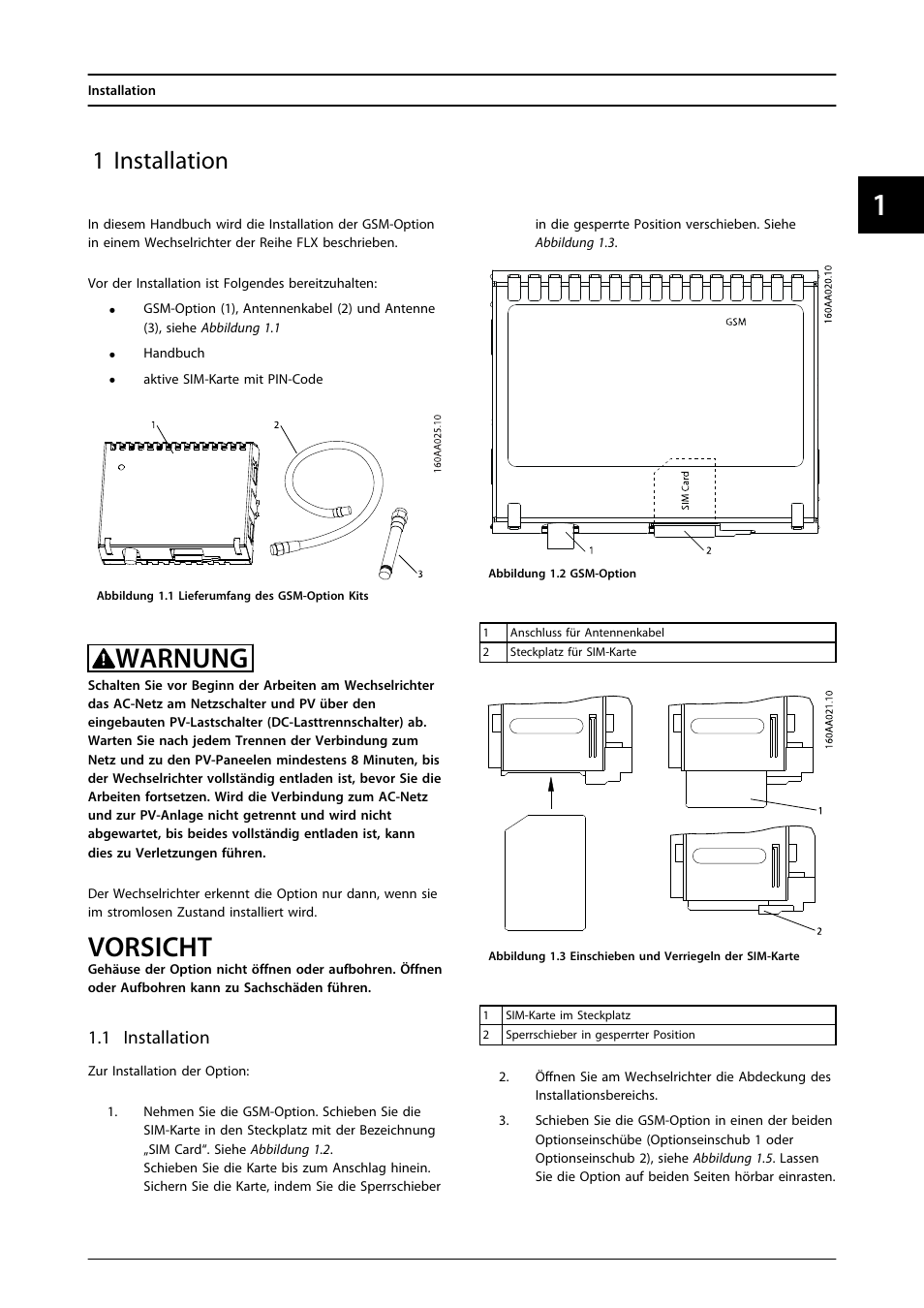 1 installation, Warnung, Vorsicht | SMA FLX Series GSM Option Kit User Manual | Page 14 / 48