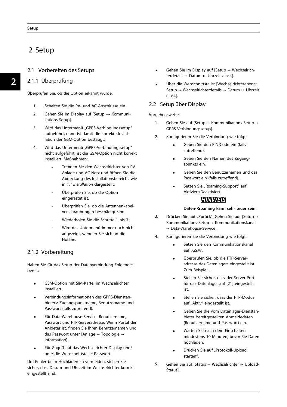2 setup, Hinweis | SMA FLX Series GSM Option Kit User Manual | Page 17 / 48