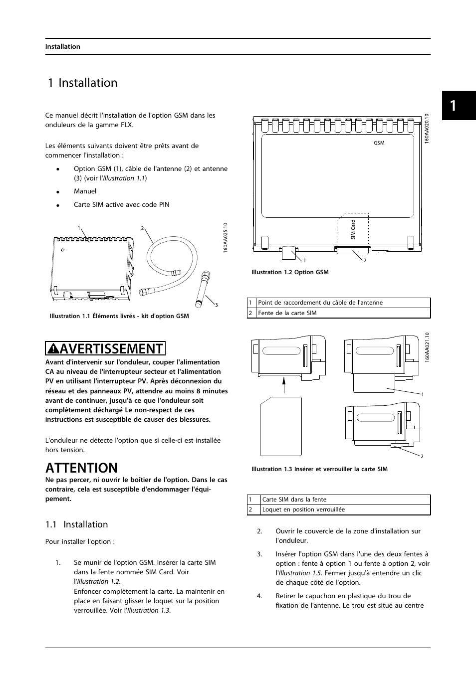 1 installation, Avertissement, Attention | SMA FLX Series GSM Option Kit User Manual | Page 24 / 48