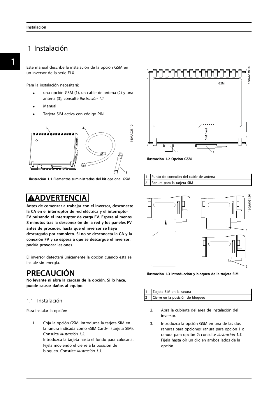 1 instalación, Advertencia, Precaución | SMA FLX Series GSM Option Kit User Manual | Page 33 / 48