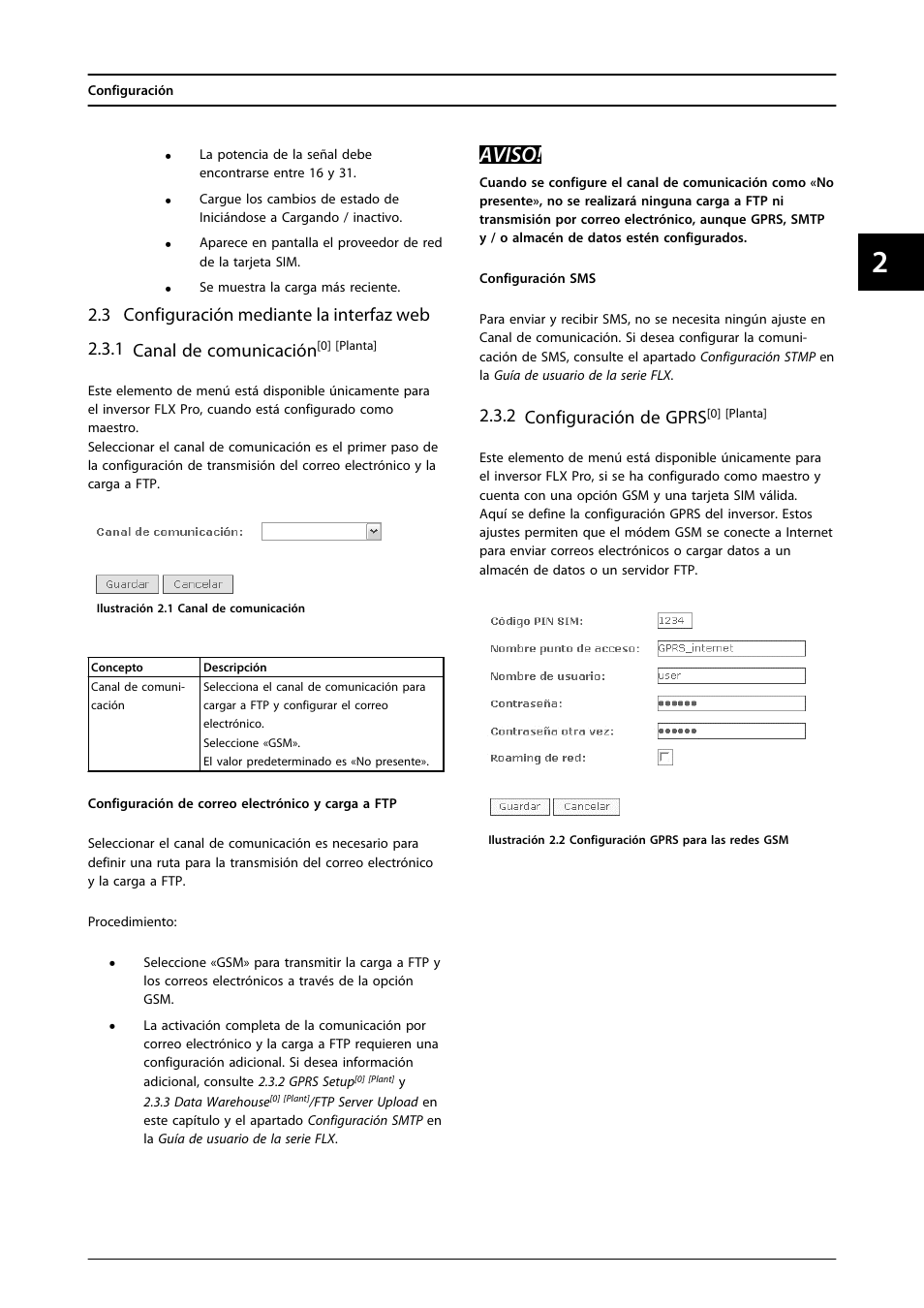 Aviso, 2 configuración de gprs | SMA FLX Series GSM Option Kit User Manual | Page 36 / 48