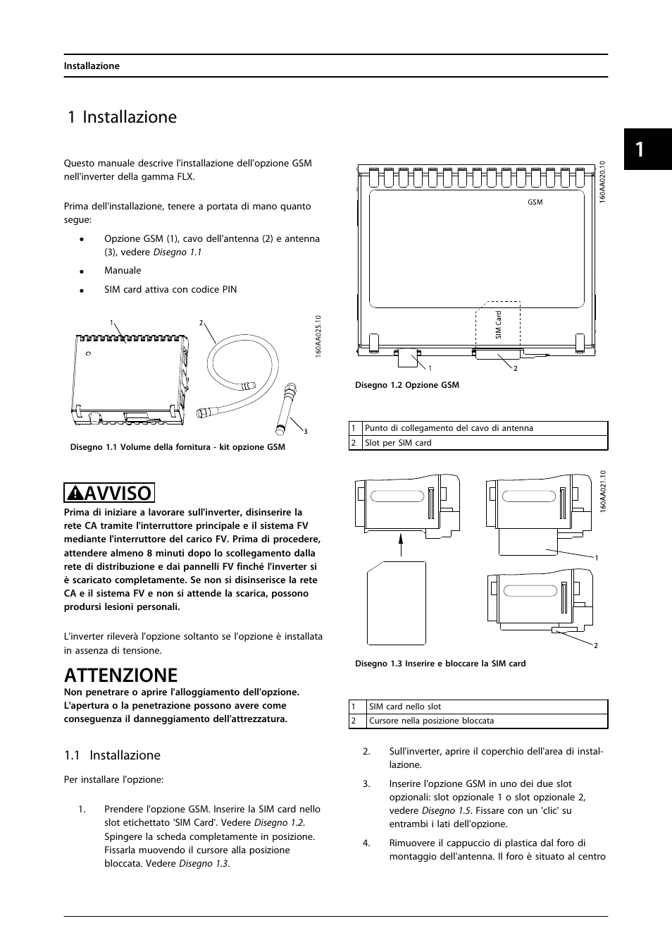 1 installazione, Avviso, Attenzione | SMA FLX Series GSM Option Kit User Manual | Page 42 / 48