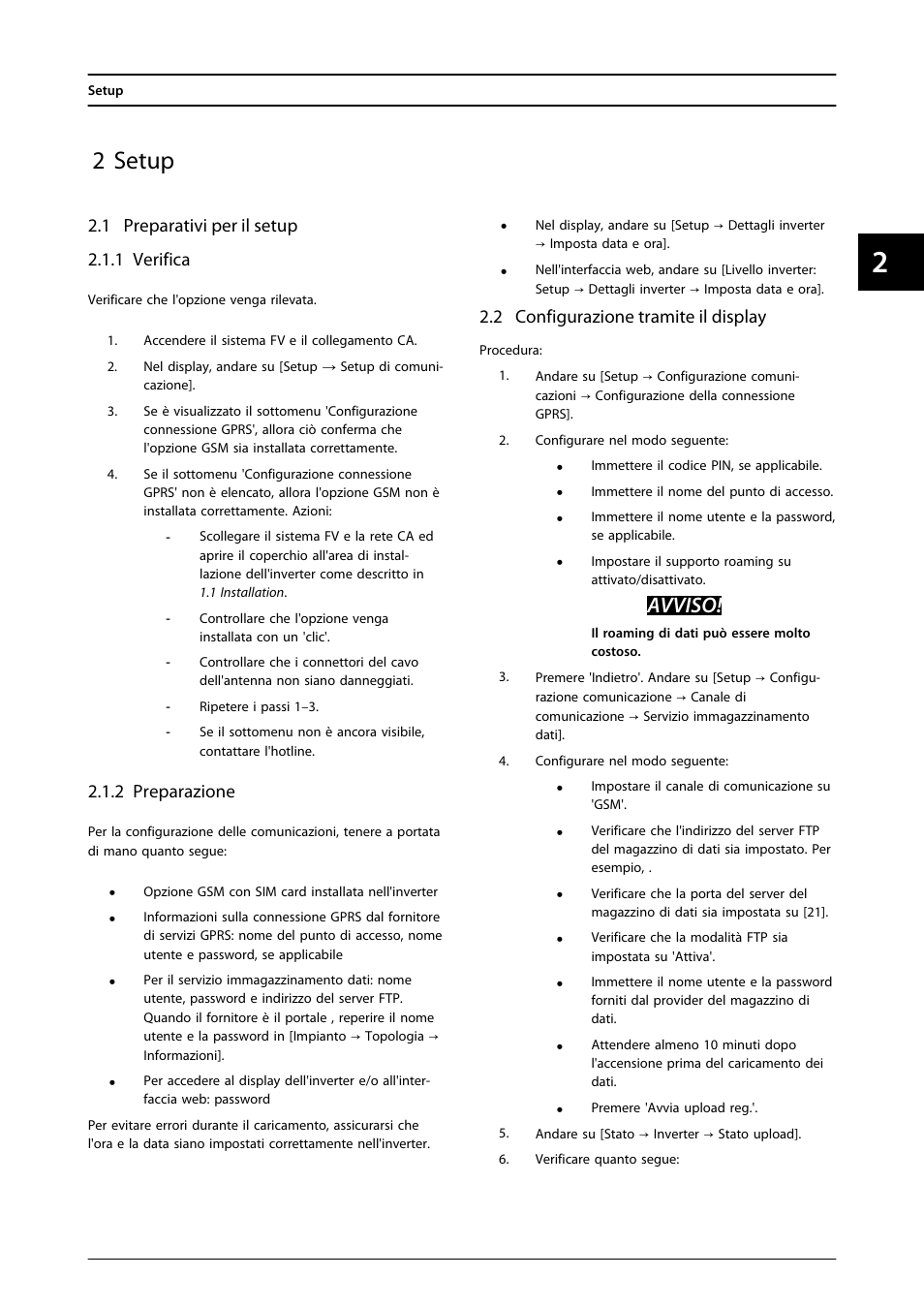 2 setup, Avviso | SMA FLX Series GSM Option Kit User Manual | Page 44 / 48