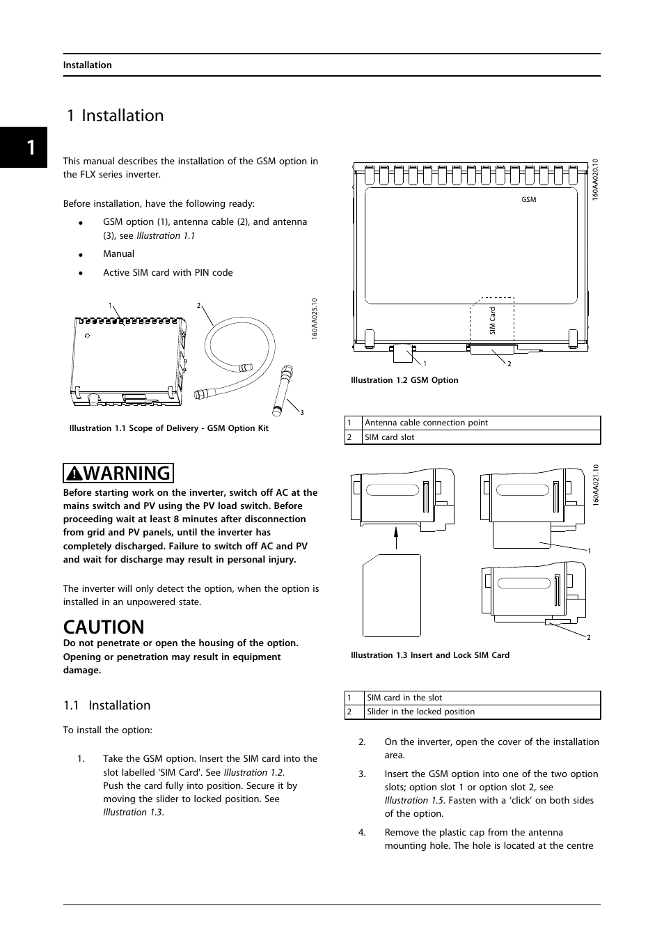 1 installation, Warning, Caution | SMA FLX Series GSM Option Kit User Manual | Page 5 / 48