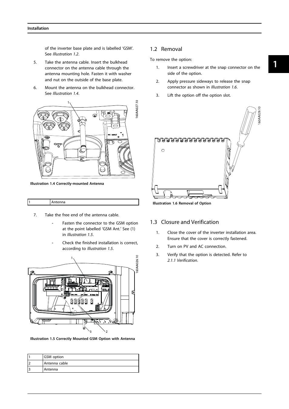 2 removal, 3 closure and verification | SMA FLX Series GSM Option Kit User Manual | Page 6 / 48