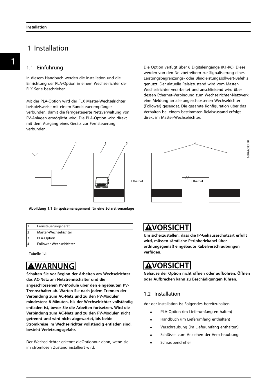 1 installation, 1 einführung, Warnung | Vorsicht | SMA FLX Series PLA Option User Manual | Page 17 / 62