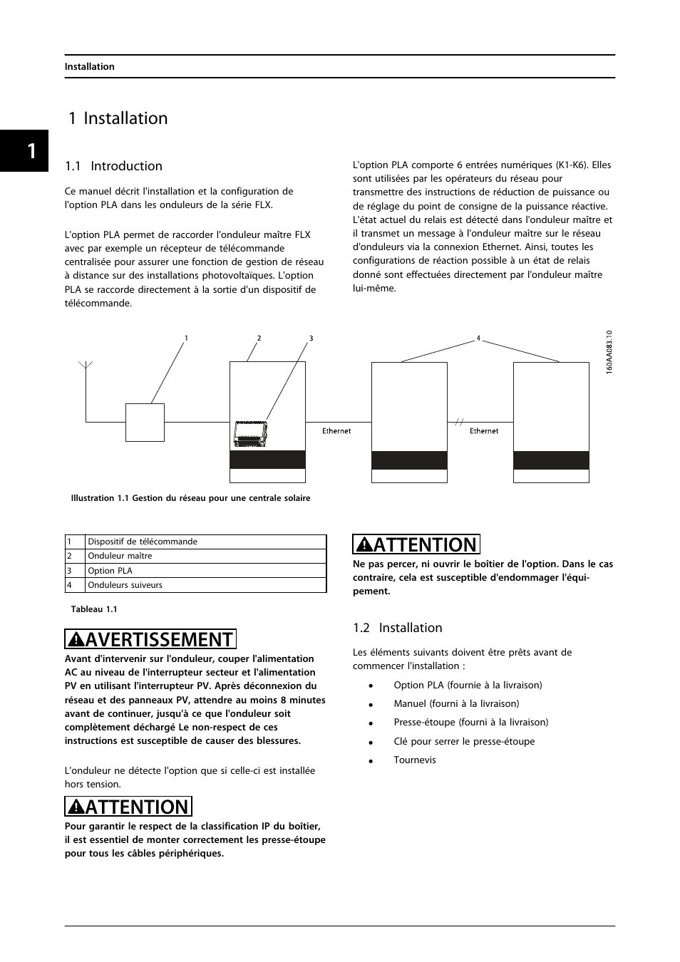 1 installation, 1 introduction, Avertissement | Attention | SMA FLX Series PLA Option User Manual | Page 29 / 62