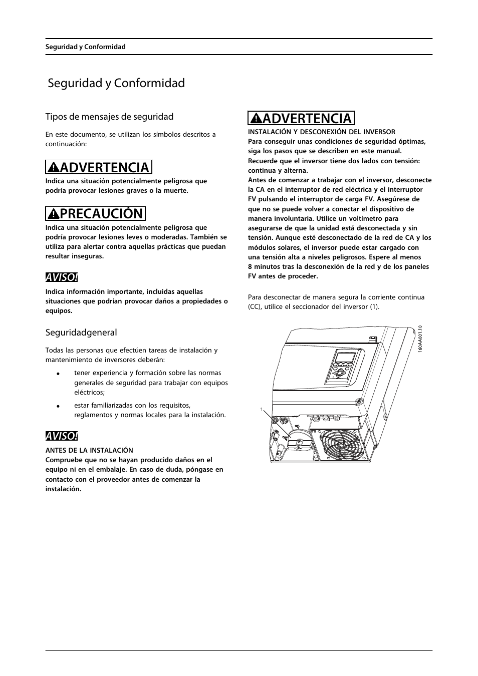 Advertencia, Precaución, Seguridad y conformidad | Aviso | SMA FLX Series PLA Option User Manual | Page 38 / 62
