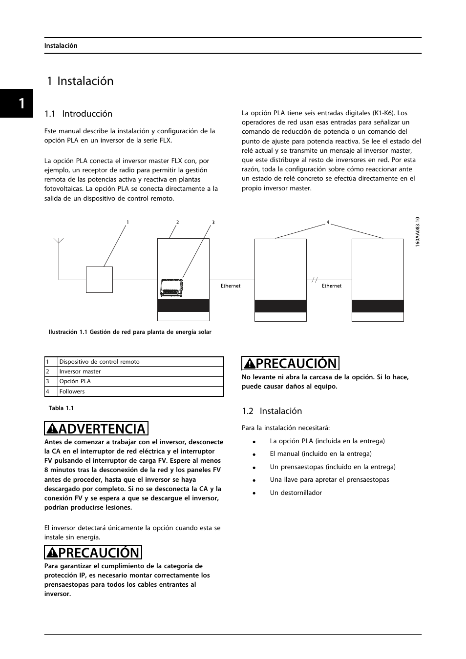 1 instalación, 1 introducción, Advertencia | Precaución | SMA FLX Series PLA Option User Manual | Page 41 / 62