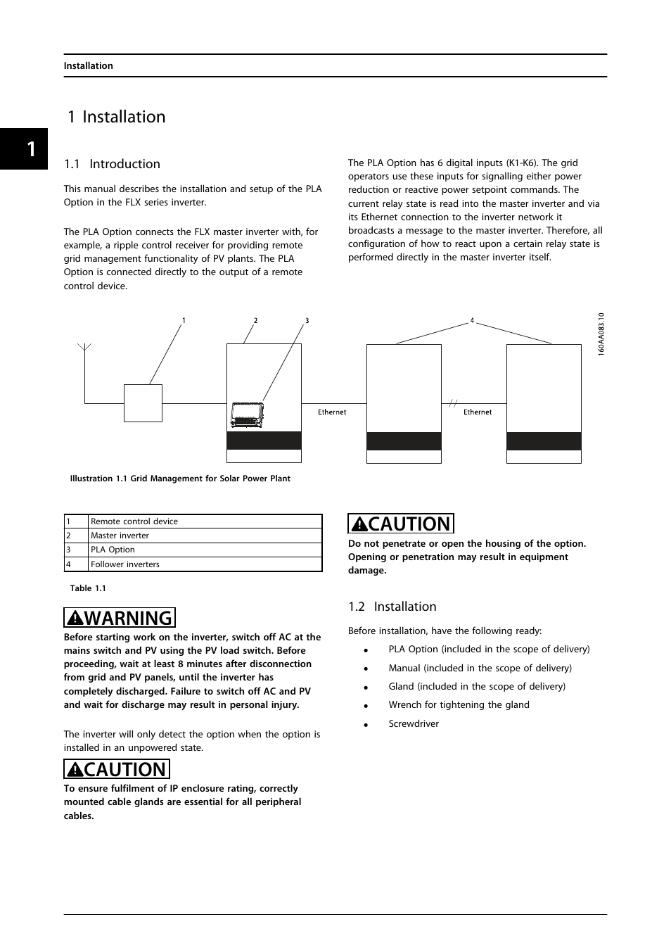 1 installation, 1 introduction, Warning | Caution | SMA FLX Series PLA Option User Manual | Page 5 / 62