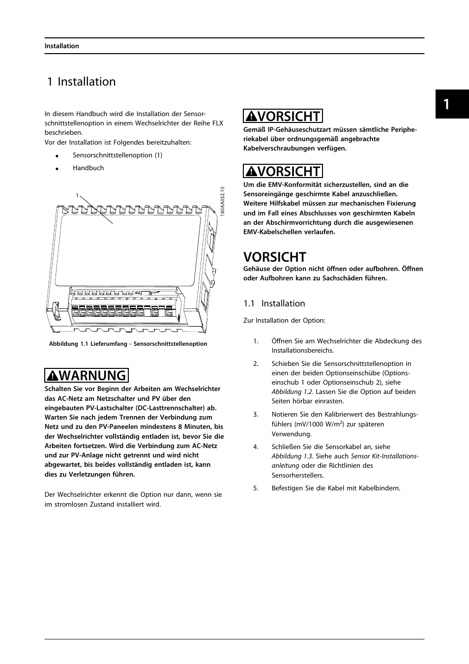 1 installation, Warnung, Vorsicht | SMA FLX Series Sensor Interface Option User Manual | Page 14 / 51