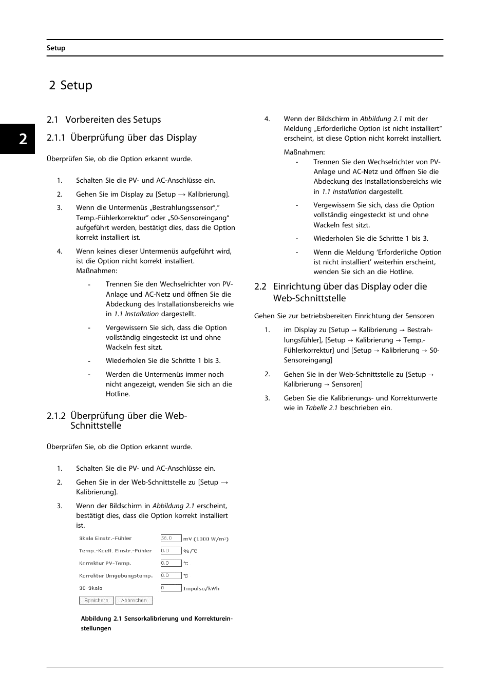 2 setup, 2 überprüfung über die web- schnittstelle | SMA FLX Series Sensor Interface Option User Manual | Page 17 / 51