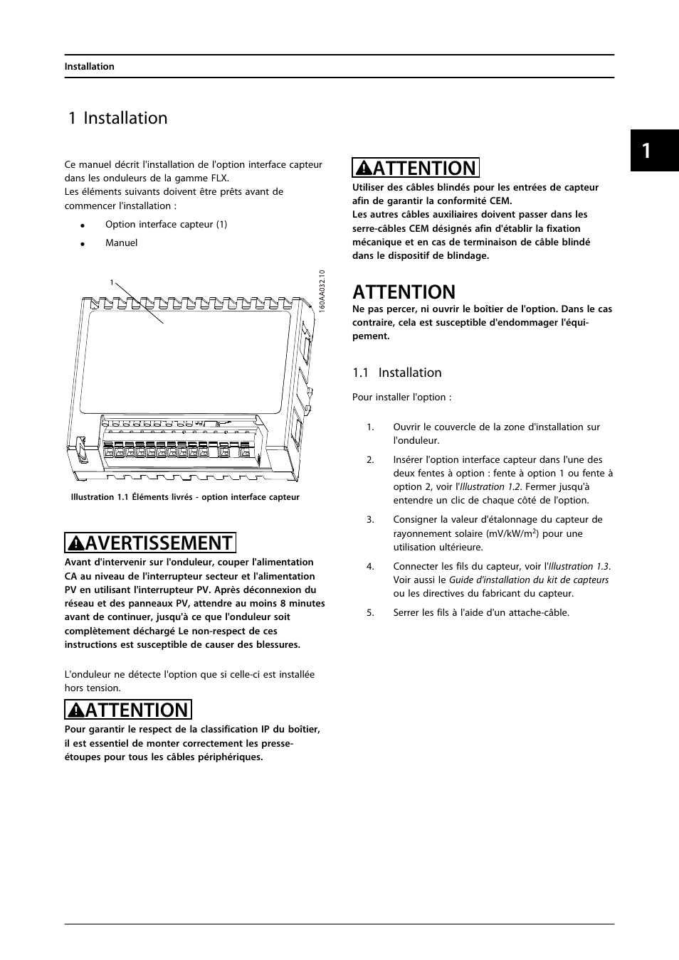 1 installation, Avertissement, Attention | SMA FLX Series Sensor Interface Option User Manual | Page 24 / 51