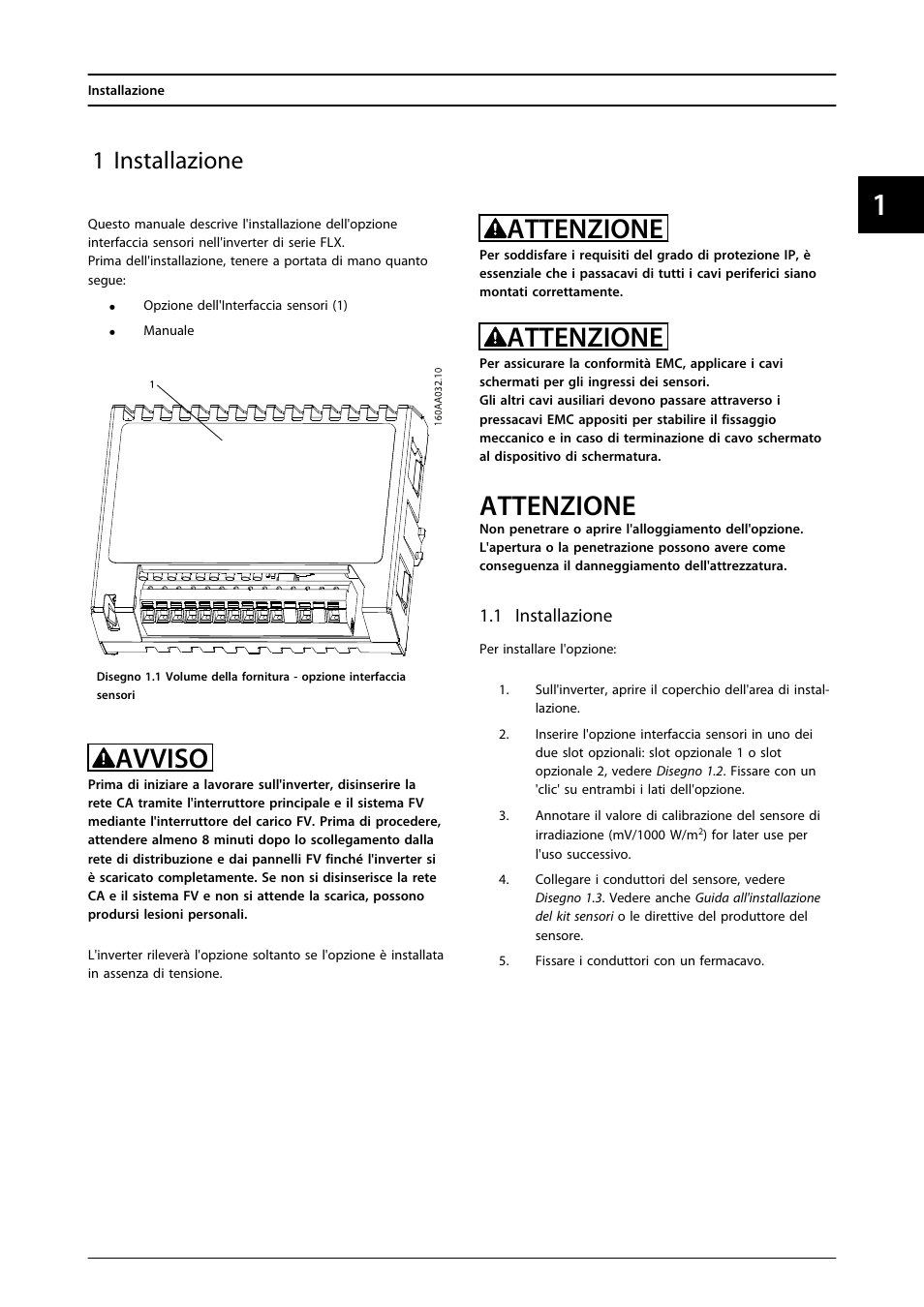1 installazione, Avviso, Attenzione | SMA FLX Series Sensor Interface Option User Manual | Page 44 / 51