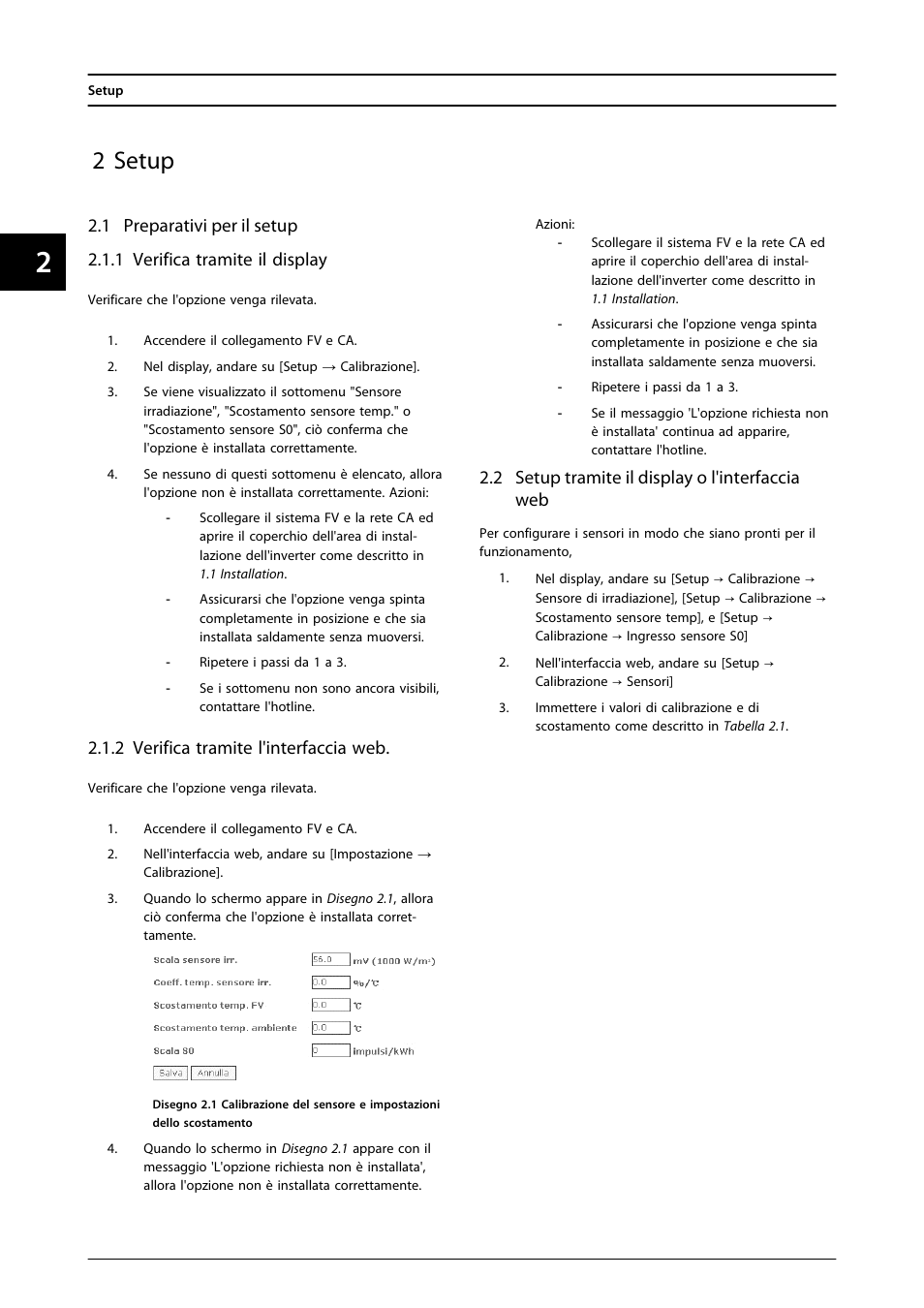 2 setup, 2 verifica tramite l'interfaccia web, 2 setup tramite il display o l'interfaccia web | SMA FLX Series Sensor Interface Option User Manual | Page 47 / 51
