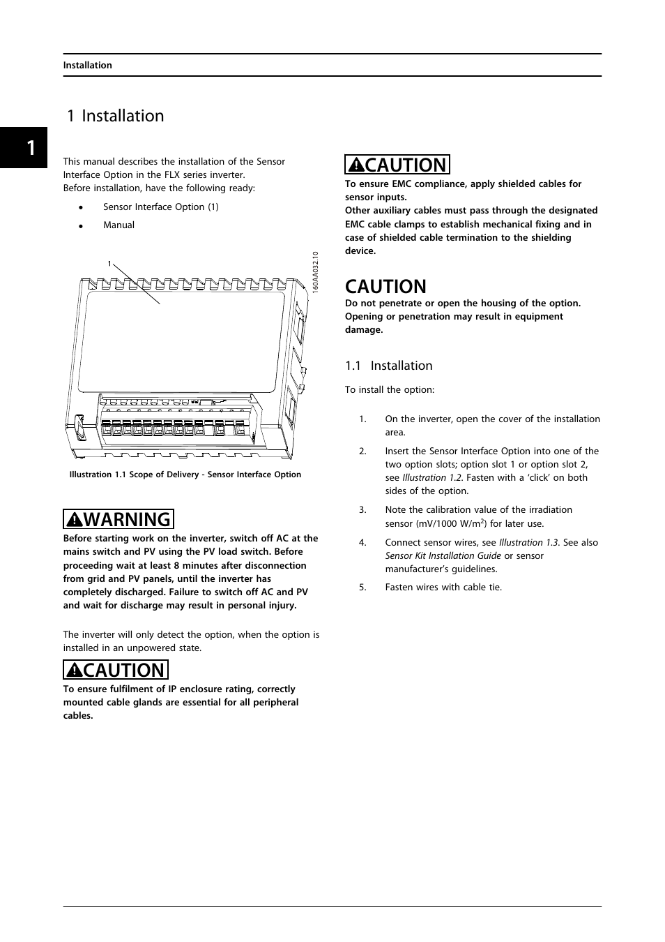 1 installation, Warning, Caution | SMA FLX Series Sensor Interface Option User Manual | Page 5 / 51