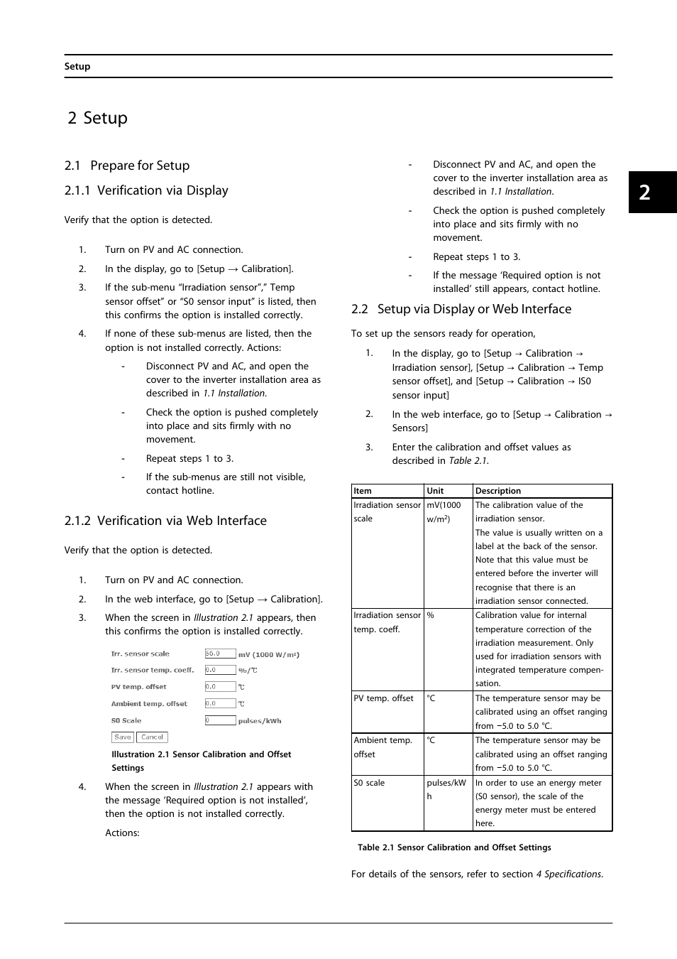 2 setup, 1 prepare for setup 2.1.1 verification via display, 2 verification via web interface | 2 setup via display or web interface | SMA FLX Series Sensor Interface Option User Manual | Page 8 / 51