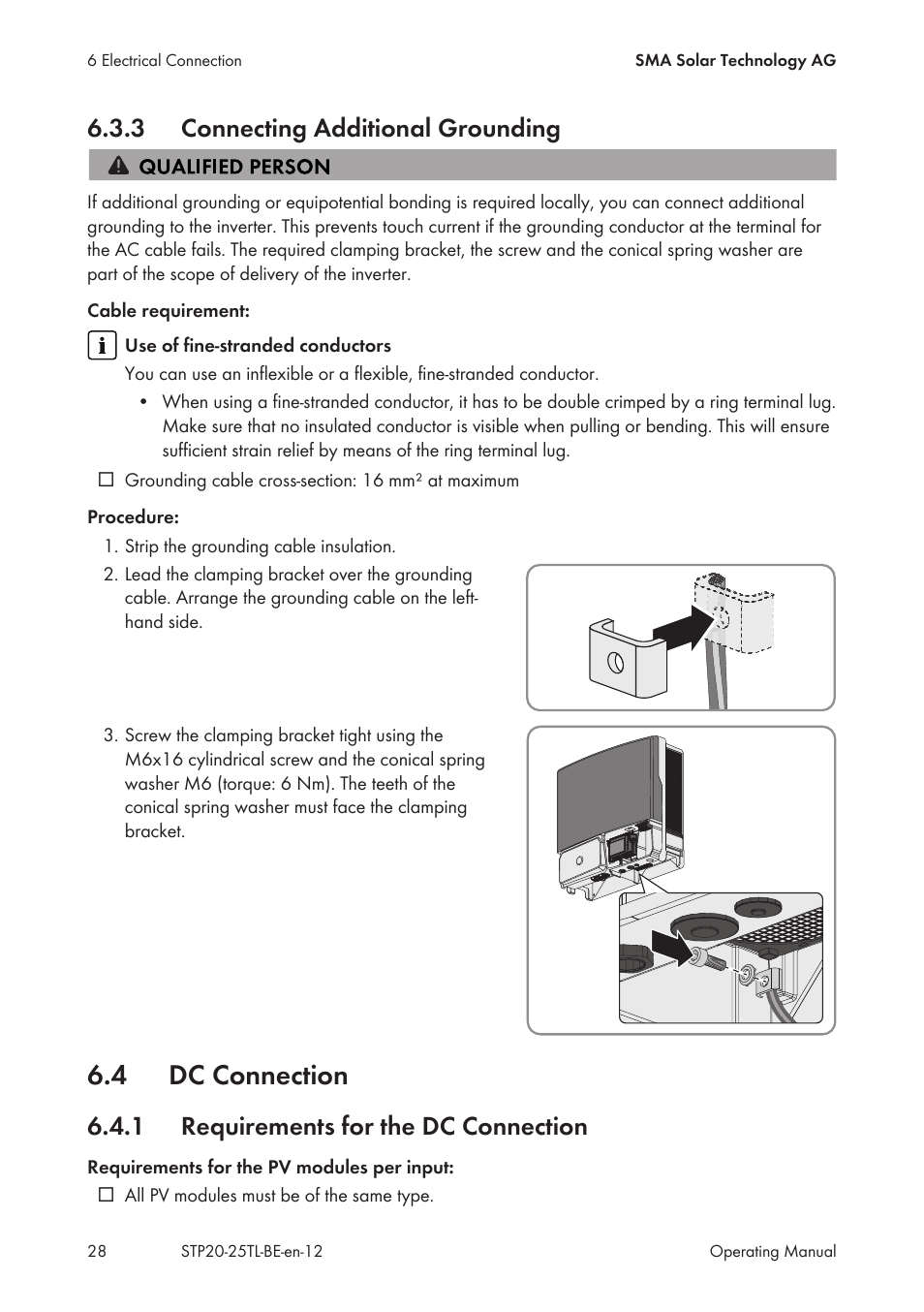 3 connecting additional grounding, 4 dc connection, 1 requirements for the dc connection | Connecting additional grounding, Dc connection, Requirements for the dc connection | SMA 20000TL User Manual | Page 28 / 52