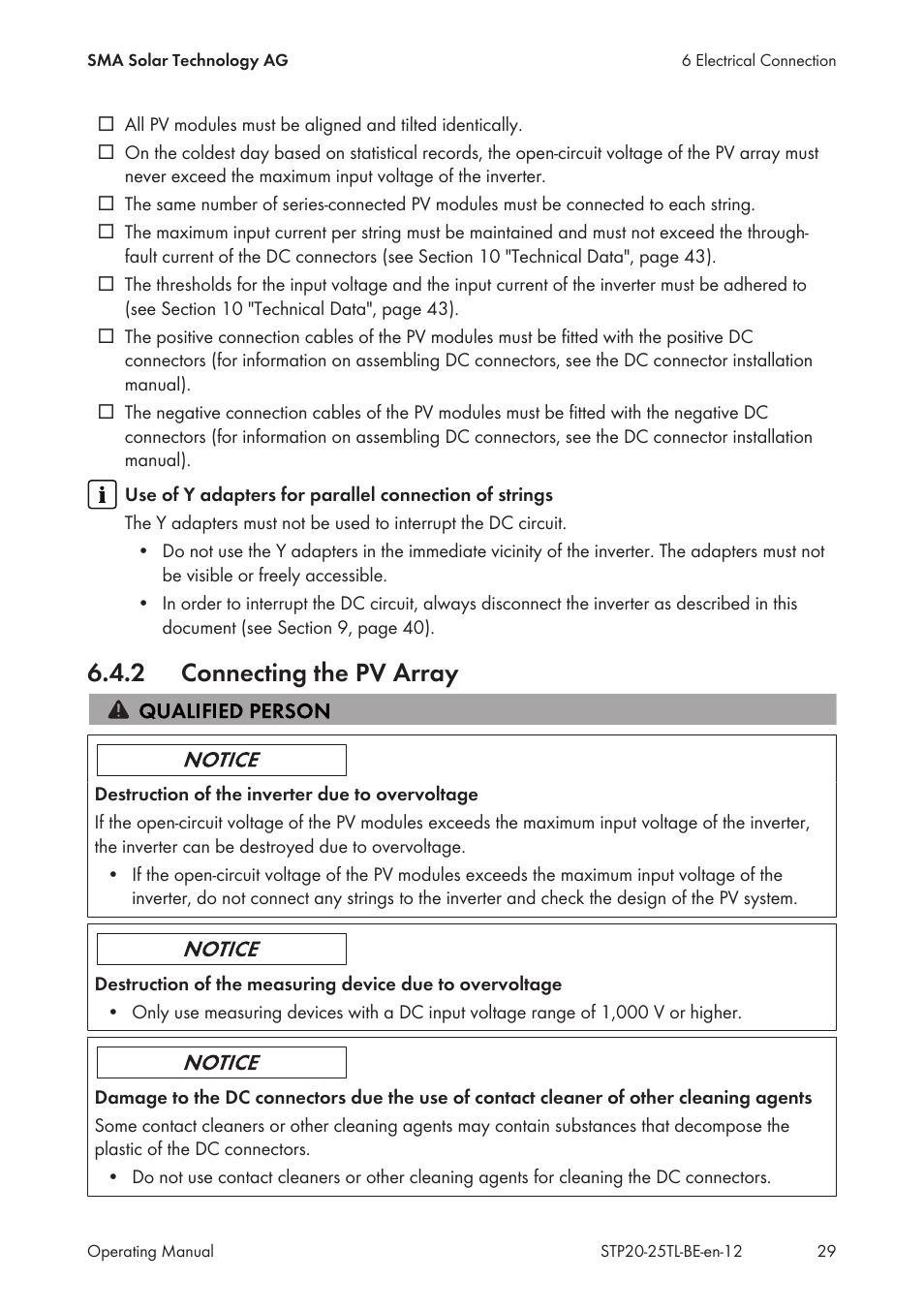 2 connecting the pv array, Connecting the pv array | SMA 20000TL User Manual | Page 29 / 52