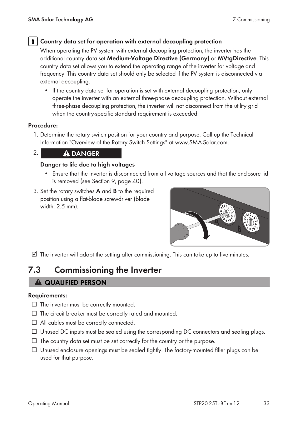 3 commissioning the inverter, Commissioning the inverter | SMA 20000TL User Manual | Page 33 / 52