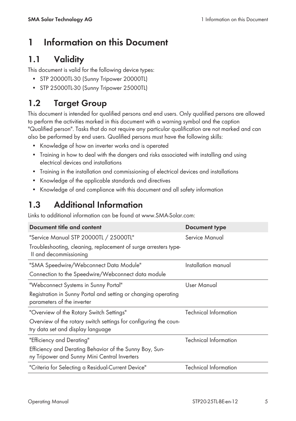 1 information on this document, 1 validity, 2 target group | 3 additional information, Information on this document, Validity, Target group, Additional information, 1information on this document | SMA 20000TL User Manual | Page 5 / 52