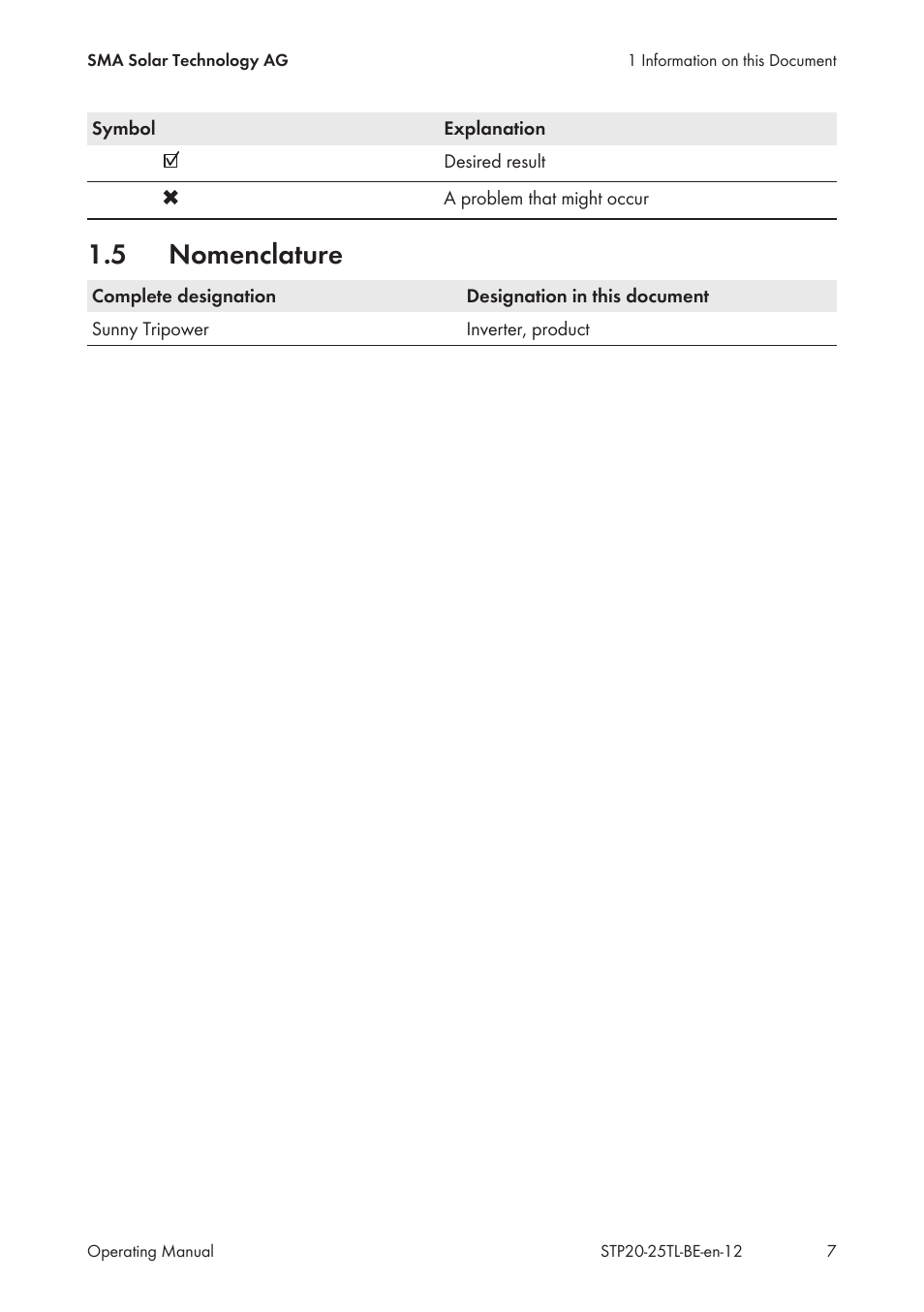 5 nomenclature, Nomenclature | SMA 20000TL User Manual | Page 7 / 52