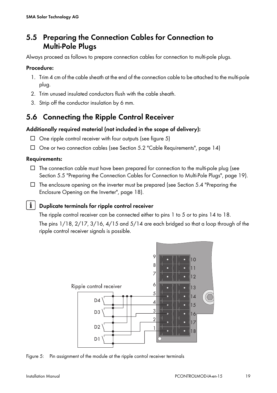 6 connecting the ripple control receiver, Multi-pole plugs | SMA 20000TL Installation User Manual | Page 19 / 40