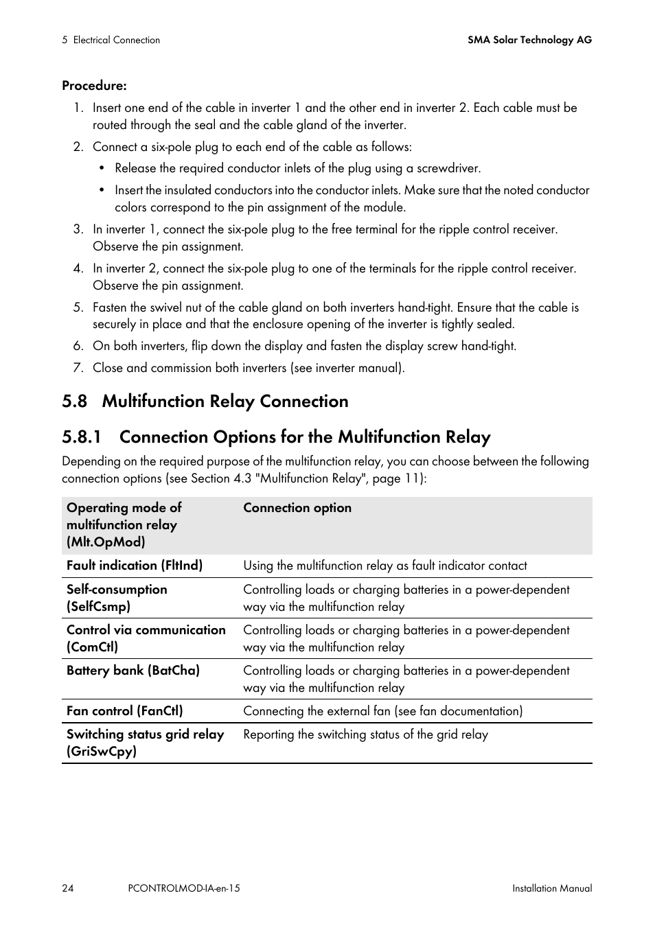 8 multifunction relay connection, 1 connection options for the multifunction relay | SMA 20000TL Installation User Manual | Page 24 / 40