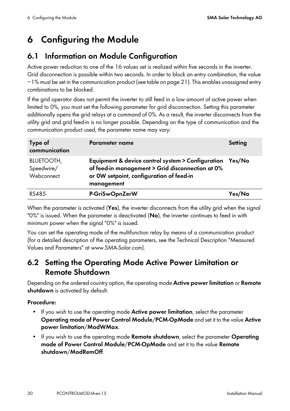 6 configuring the module, 1 information on module configuration, Shutdown | SMA 20000TL Installation User Manual | Page 30 / 40