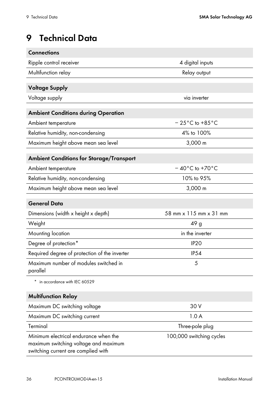 9 technical data, See section 9 "technical, Rrent (see section 9 | SMA 20000TL Installation User Manual | Page 36 / 40